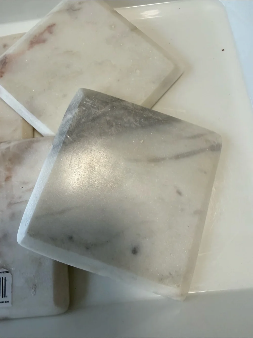 Set of 4 White Marble Square Coasters - Natural Beige Veining